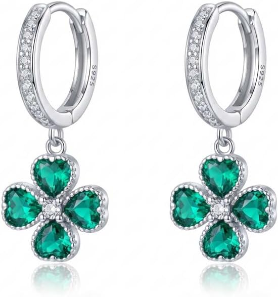 SLUYNZ Solid 925 Sterling Silver CZ Green Clover Earrings Hoop for Women Teens Love Four Leaf Clover Hoop Earrings for St. Patrick's Day