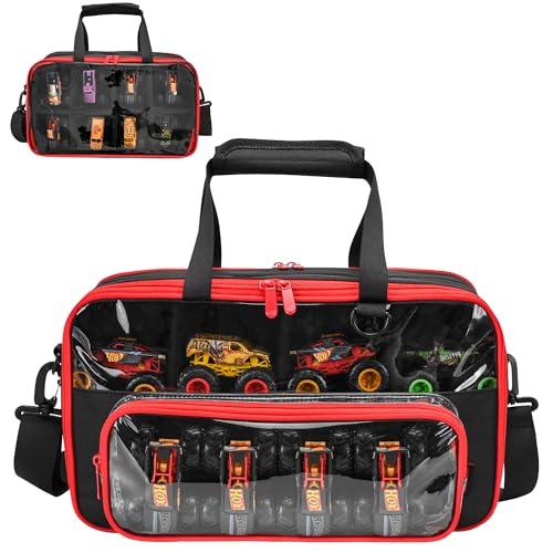 CROTIRAD Monster Truck Storage Case Compatible with Monster Jam 1:64 Scale Toy Cars with Shoulder Strap, Toy Car Storage Bag for Hot Wheels Holds 20+ Cars, Black