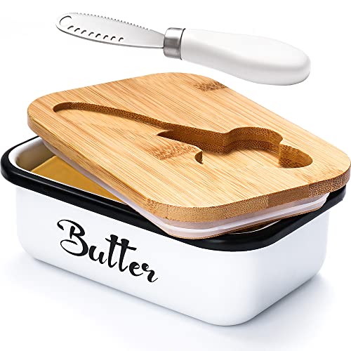 Butter Dish, Butter Dish with Lid for Countertop, AISBUGUR Metal Butter Keeper with Stainless Steel Multipurpose Butter Knife, Large Butter Container with quality Silicone Good Kitchen Gift White