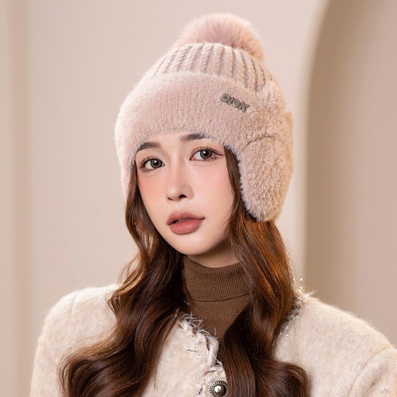Winter Plush Baseball Cap for Women Fluffy Fur Knitted Hat with Earflaps Outdoor Cycling Ear Protection Hats (US, Alpha, One Size, Pink)4