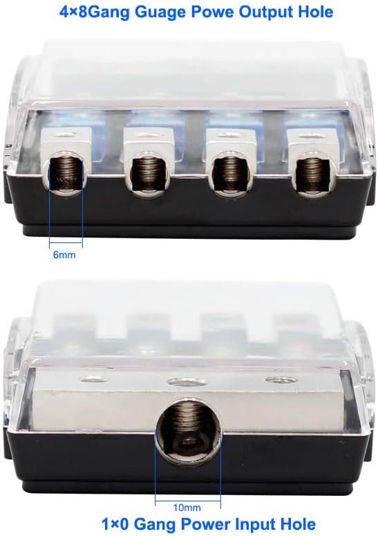 4 Way AFS Mini Fuse Holder 60A 0/2/4 Gauge Input 4/6/8 Gauge Output Copper Fuse Distribution Block for Car Boat Trolling Motor Marine Audio Amplifier Stereo Video System