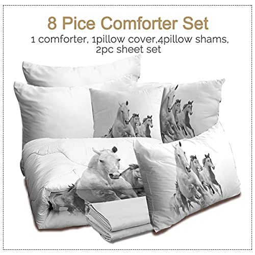 Blessliving Vintage Bed-In-A-Bag 8 Piece Horse Comforter Set Running Horses Bedding Sheets Full Black White 1 Comforter, 2 Pillow Shams, 1 Flat Sheet, 1 Fitted Sheet, 1 Cushion Cover, 2 Pillowcases #TOP1