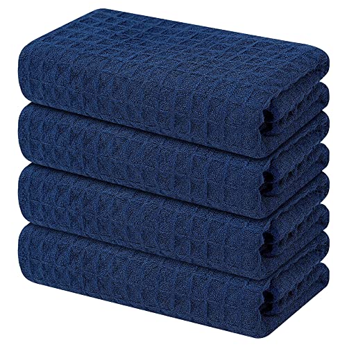 Homaxy Microfiber Waffle Weave Kitchen Towels, 16 x 28 Inch Ultra Absorbent and Solid Color Dish Towels, 4 Pack, Navy Blue