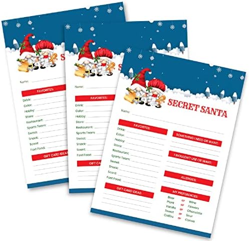 15 Secret Santa Questionnaire Forms for Office Holiday Gift Exchange, Work, Family or Friends Christmas Idea List 5" x 7" Fill in The Blank Gnome Cards