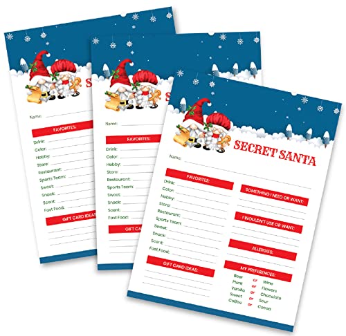 15 Secret Santa Questionnaire Forms For Office Holiday Gift Exchange, Work, Family Or Friends Christmas Idea List 5" X 7" Fill In The Blank Gnome Cards #TOP3