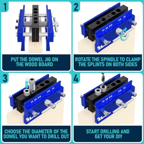 LIFEMODA Self Centering Doweling Jig Kit, Drill Jig For Straight Holes Biscuit Joiner Set With 6 Drill Guide Bushings, Adjustable Width Drilling Guide Tool Accessory Jigs (Blue) by Lifemoda - Used condition - Image 6
