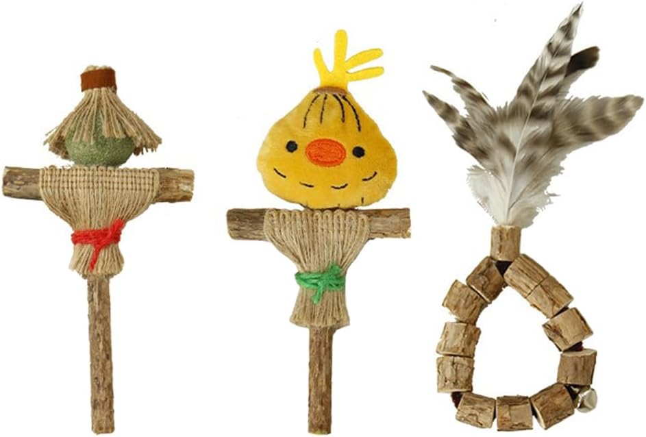 Cat Toy 3-Piece Set Natural Catnip Silvervine Sticks Feather Bite Stick Wooden Dental Sticks for Indoor Cats, Kitty, Kitten Teething Interactive Wand Toys