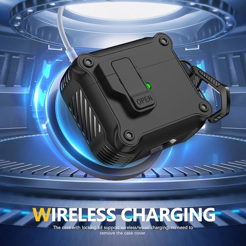 Image of RFUNGUANGO for Airpods 3rd Generation Case with Secure Lock Clip, Full Body Shockproof Hard Shell Protective,for AirPods 3 Case Compatible with Apple AirPod 3rd Gen 2021 [Front LED Visible] - Black