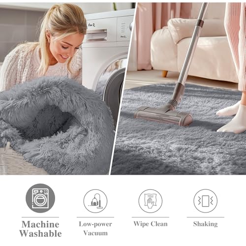 OLANLY Light Grey Round Rugs for Bedroom - Machine Washable, 6 ft Circle Area Rugs for Living Room, Soft and Fluffy Shaggy Carpet for Teen Girls and Boys, Nursery Rooms, Dorms, Home Decor Aesthetic
