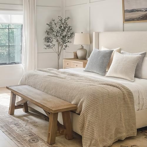 Image of Topfinel 4 Packs Neutral Decorative Throw Pillows Covers 26x26 Inch for Living Room Couch Bed Sofa, Rustic Farmhouse Boho Neutral Home Decor, Soft Plush Striped Corduroy Square Cushion Case 65x65 cm