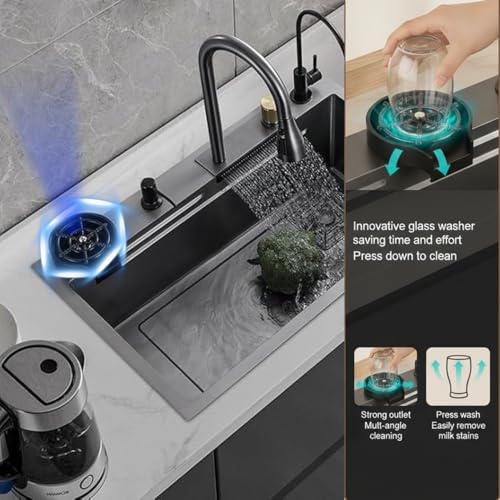 Image of WALLACE 304 Grade Black Single Bowl Multifunction Kitchen Sink 30x18x10 inches | Stainless Steel Workstation Sink with Integrated Waterfall Cup Washer Drain Basket RO Tap & Pull Down Faucet