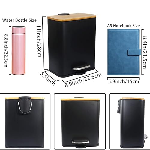 Miniatura 9 de Cubo de basura pequeño con tapa de bambú cierre suave y pedal de pie cubo de basura rectangular de 13 gal5 litros con cesta de basura interior para