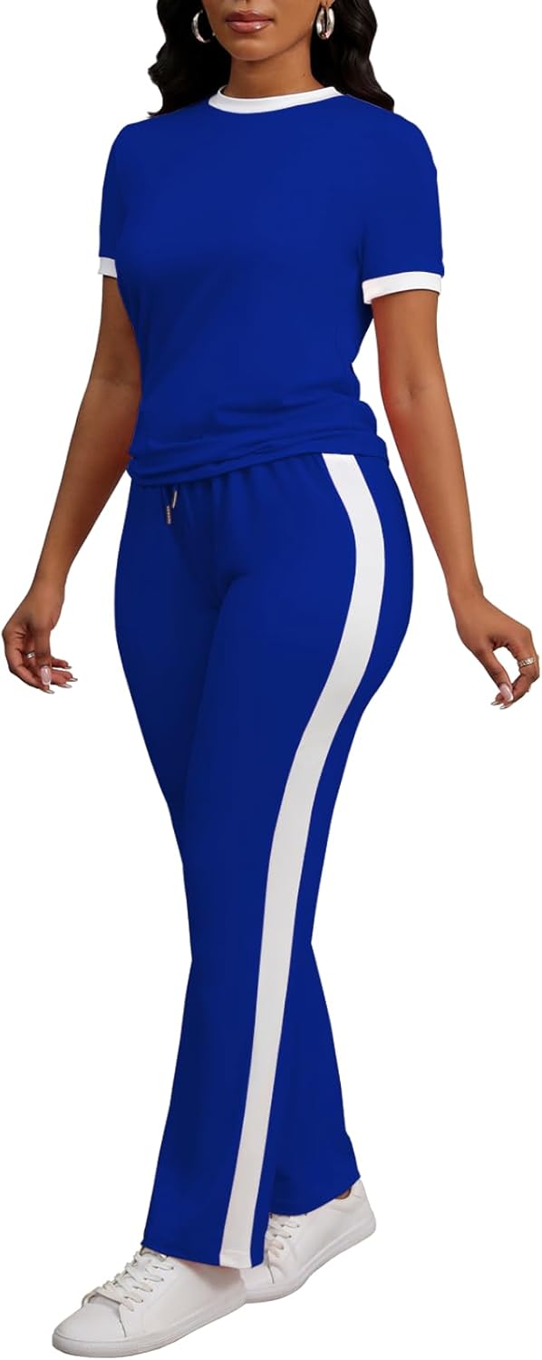 PINSV Women's 2 Piece Outfits Short Sleeve Tops Sweatpants Colorblock Bodycon Lounge Sets Tracksuit - Image 2
