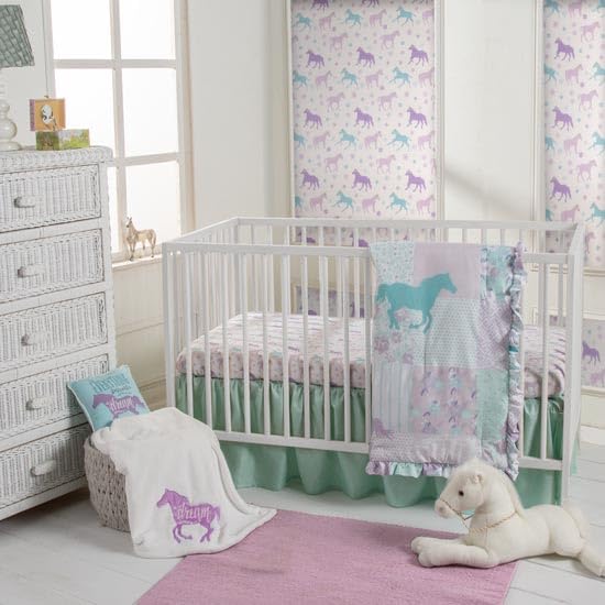 Rod's Western Baby Cowgirl Princess Pony Nursery Crib 3 Piece Bedding Set, Purple, Turquoise, Pink Patchwork of Horses, Flowers, Stripes, and Dots
