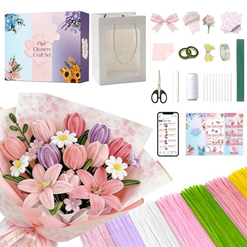 Pipe Cleaner Flower Bouquet Kit, 650Pcs 7 Colors Pink Tulip Set - image 1