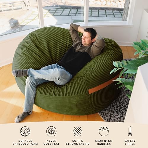 Image of Big Joe Fuf 7Ft Giant Foam Bean Bag Chair, Oversized Couch with Removable Cover for Kids, Teens, Adults, Moss Green Corded Plush, 7 Foot Giant