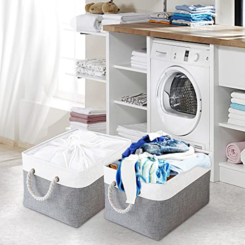 OUTBROS large storage basket, 15.5 x 10.2 x 7.9 inch foldable storage box with handle and drawstring, suitable for towels, clothes (gray/white, small, 3 pack) - Image 5