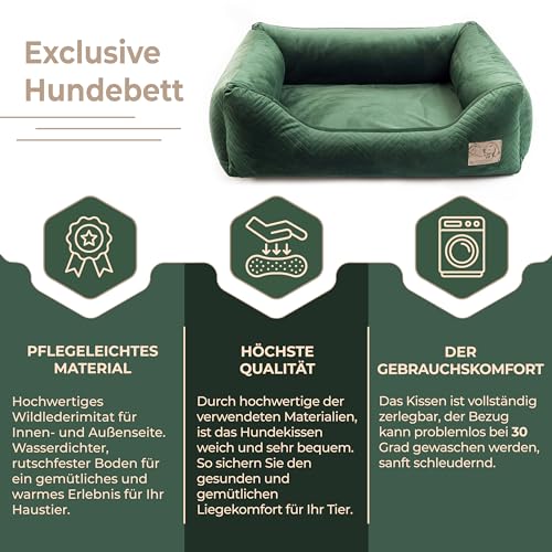 BOUTIQUE ZOO Exclusive Hundebett | Hundeliege, Hundekörbchen mit Kissen | Hundesofa für kleine Hunde | Große: S - 63 x 55 x 19 cm | Farbe: Velvet Grün