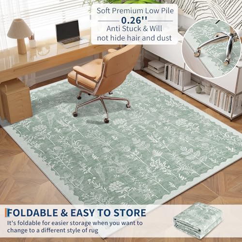 GarveeHome Washable 8x10 Area Rugs for Living Room Scalloped Floral Bedroom Rug, Non-Slip Stain Resistant Dining Table Carpet, Botanical Large Rug Neutral Carpet for Farmhouse Dorm Home Office,Green