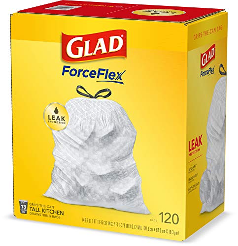Glad ForceFlex Tall Kitchen Drawstring Trash Bags – 13 Gallon White Trash Bag, Unscented – 120 Count (Package May Vary)