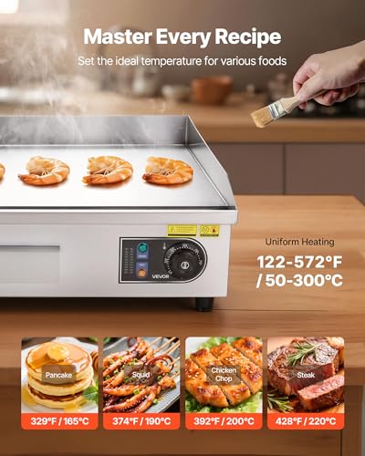 Image of VEVOR Upgraded Commercial Electric Griddle, 2800W Stainless Steel Countertop Flat Top Grill, 26'' Griddle Grill with 2 Shovels and 2 Brushes, 122℉-572 ℉ Adjustable Temp, for Home Restaurant(No Plug)