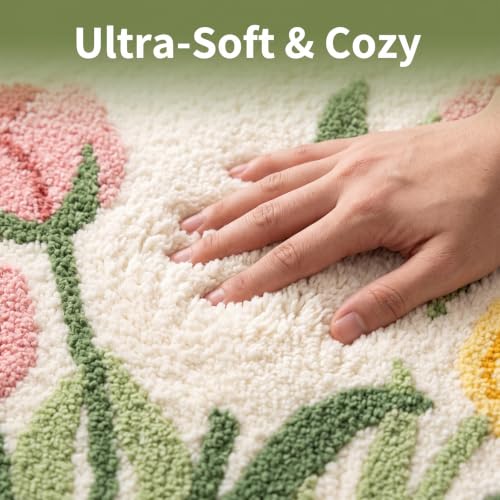 Image of Tulip Cloud Shaped Bath Mat, Soft Non-Slip Fluffy Fresh Flowers Bathroom Rug, Super Absorbent Microfiber Shaggy Door Mat,Machine Washable Bath Rug Carpet for Bathtub Bedroom 31.5 inch x 20 inch (Pink-Tulip)