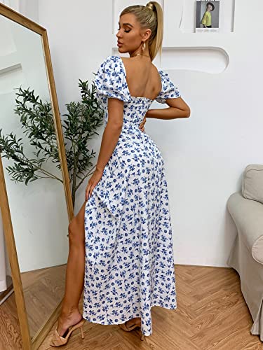 Women's Summer Puff Sleeve Floral Print Split Maxi Dress Flowy A Line Casual Beach Long Dresses White-M #TOP2