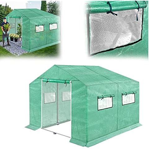 LZQ Greenhouse, foil greenhouse, tomatoes, greenhouse, winterproof, polytunnel with mesh foil and window, slanted roof, ground anchor, frost protection for garden, plant house, 3 x 2 x 2 m, green Cover
