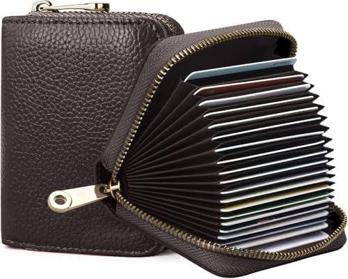 Carteira feminina fina minimalista com bloqueio de RFID, 11 compartimentos, porta-cartões de crédito, capa de couro com zíper, Café, Carteiras de porta-cartões