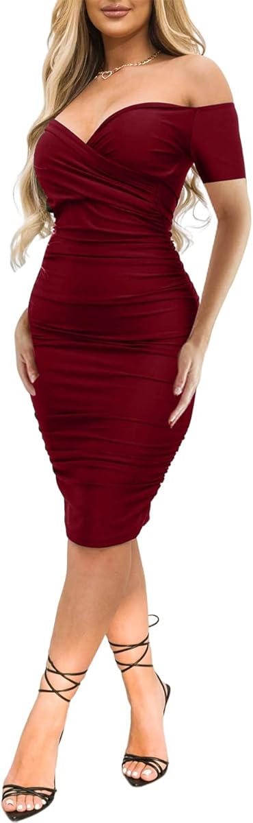 Ekaliy Women's Sexy Off The Shoulder Midi Dress Ruched Bodycon Dresses