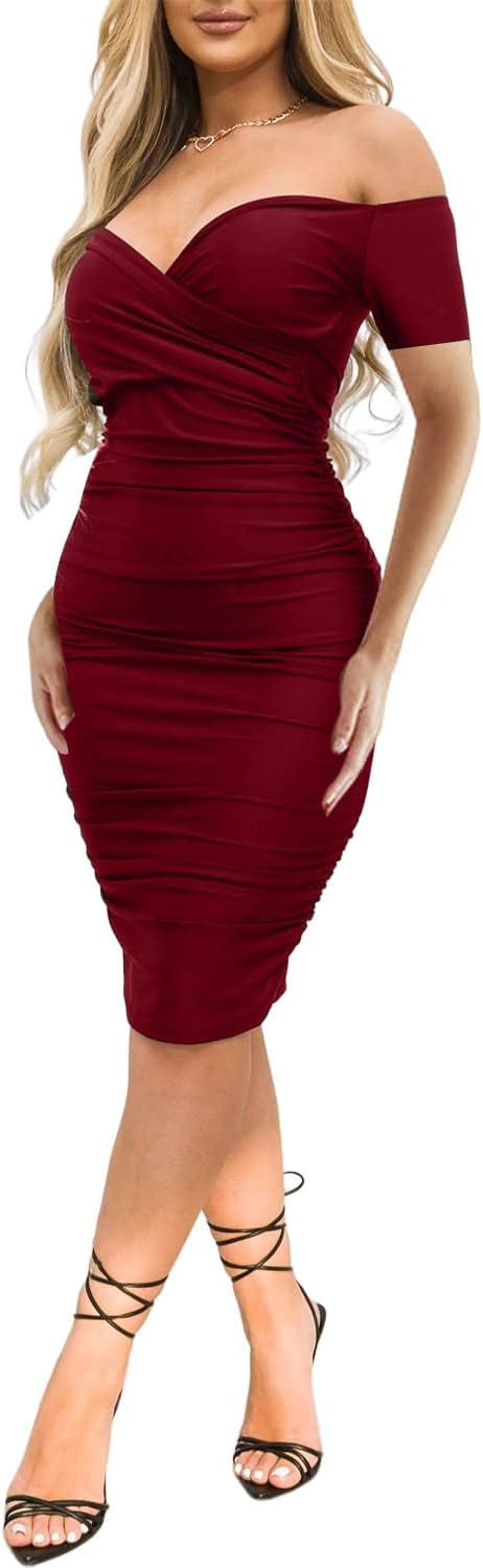 Ekaliy Women's Sexy Off The Shoulder Midi Dress Ruched Bodycon Dresses