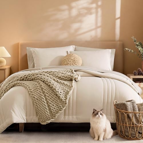 Monbix Queen Comforter Set - 7 Pieces Beige Bed in