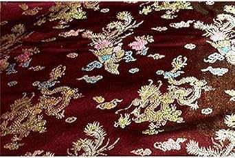 Chinese Faux Silk Dragon Peacock Brocade Satin Fabric Sold by The Yard Burgundy