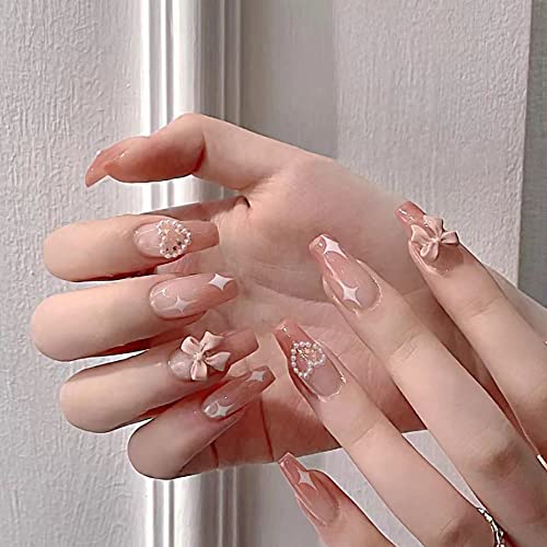 24 Pcs False Nails Coffin Press on False Nails Tips, Ballerina Butterfly Pearl Love Acrylic Fake Nails Full Cover DIY False Nails Tips for Women and Girl
