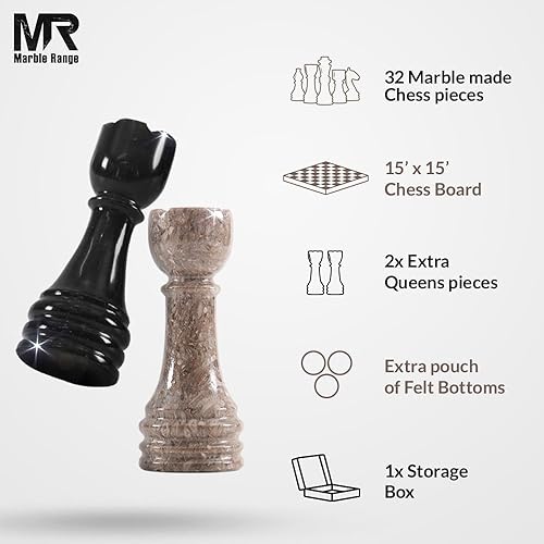 Miniatura 5 de Juego de ajedrez de mármol para adultos de 15 pulgadas hecho a mano negro y OceanicBoard con 32 piezas de ajedrez, 2 reinas adicionales y caja de