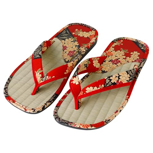 Asayu Japanese Traditional Igusa Setta Sandals, Made in Japan Tatami Zori, Moisture Absorbent, Deodorizing, US women's 7 to 9.5, Cherry Blossom Sakura Red