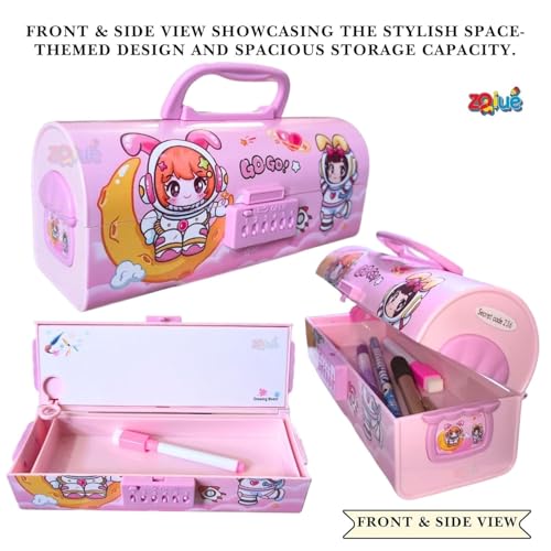 Image of WORSHIPER Cartoon Theme Pencil Box for Kids | Suitcase Style Password Lock Stationery Organizer | Multi-Layer Pen & Pencil Case for Boys & Girls (NEW GOGO Pink Box)