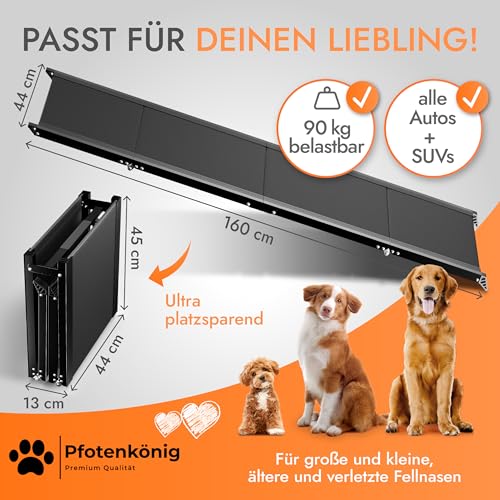 PFOTENKÖNIG Hunderampe - bis 90kg - [PLATZWUNDER] - stabile Premium Hunderampe Auto klappbar - Anti-Rutsch Hunderampe Auto aus Leicht-Alu - passt für alle Fahrzeuge