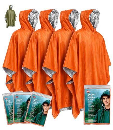 AGKG123 Emergency Survival Poncho (4pc) Thermal Mylar Foil Coating Blanket for Heat Retention and Rain | Reversible with Hood | Waterproof, Windproof, Portable | Orange | 100x130cm