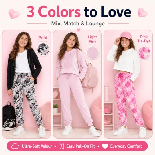 Image of BTween Girls 3 Pack Velour Jogger Pant Set Solid, Tie Dye or Camo Sweatpants for Girls