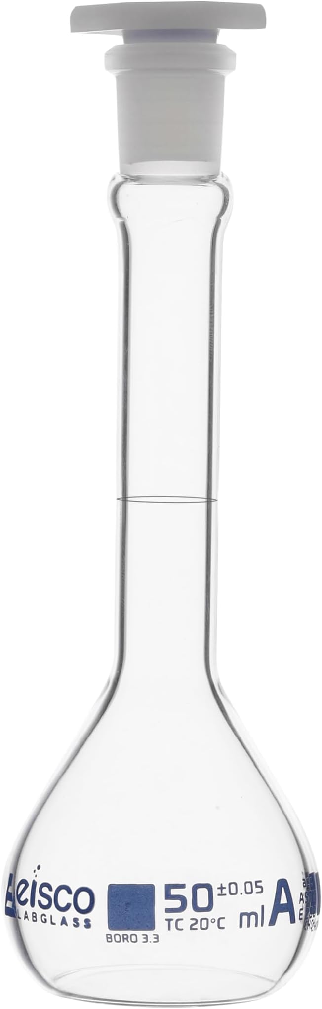 Volumetric Flask, 50ml - ASTM, Class A - Tolerance ±0.05ml - Interchangeable, Size 13 Polypropylene Stopper - Single, White Graduation - Borosilicate Glass