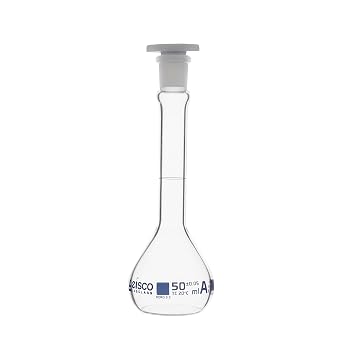 EISCO Volumetric Flask, 50ml - ASTM, Class A - Tolerance 0.05ml - Interchangeable, Size 13 Polypropylene Stopper - Single, White Graduation - Borosilicate Glass