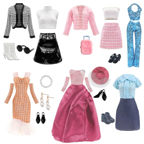 Vêtements compatibles avec Barbie vêtements - Comprend Une Robe Rose, 5 Autres Ensembles de Mode et 6 Paires de Chaussures, Une Valise, Un Collier de Perles,...