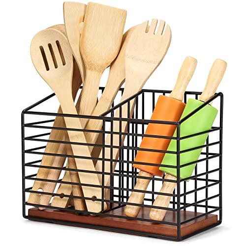 THYGIFTREE Kitchen Utensil Holder for Counter Large Black Metal Cooking Utensil Organizer for Countertop Utensil Crock with Wooden Base Spatula Holder Modern Farmhouse Utensil Caddy