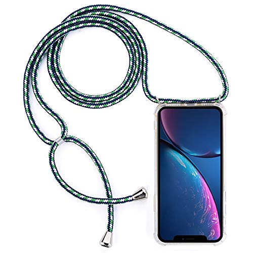 PH-CA-SE Four-Corner Anti-Fall Trasparent TPU Mobile Phone for iPhone 11 Case With Lanyard Fasion Leader (Color : Green white blue)
