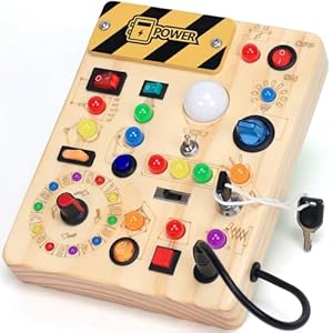 Busy Board with LED Light Switches, Montessori Toys for 1 2 3 Years Old, Toddlers Wooden Toy Sensory Activity Board, Travel Toys for 1+ Year Old Boy & Girl Birthday Gift