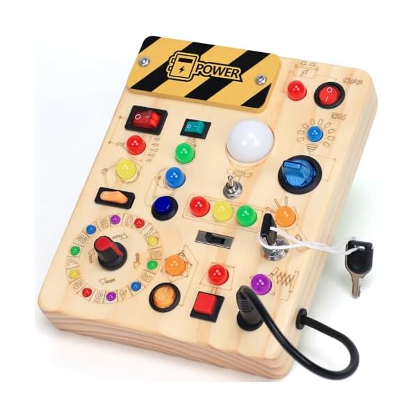 Busy Board with LED Light Switches, Montessori Toys for 1 2 3 Years Old, Toddlers Wooden Toy Sensory Activity Board, Travel Toys for 1+ Year Old Boy & Girl Birthday Gift