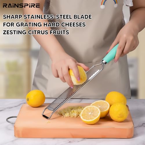 Image of Rainspire Zester Grater with Handle, Lemon Zester Cheese Grater for Kitchen Stainless Steel, Parmesan Cheese Garlic Nutmeg Chocolate Fruits Vegetables Ginger Grater, Fine, Mint Green