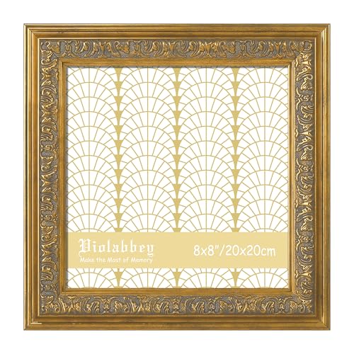 Image of VIOLABBEY 8x8 Picture Frames Gold, Vintage Square Frame Ornate without Mat | Antique Photo Frame, Wall Hanging or Tabletop Display, HD Plexiglass, Wall Decor