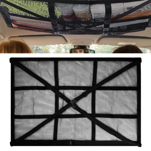 Volumoon Filet de Rangement pour Toit Voiture, Organiseur Noir Plafond Voiture avec Fermeture Éclair et 2 Crochets de Siège Auto